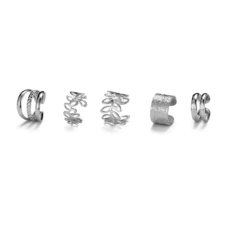 5pcs;Silver Color Leaves Clip Earrings for Women Men Creative Simple C Ear Cuff Non-Piercing Ear Ear Clip Set Trend Jewelry Gift