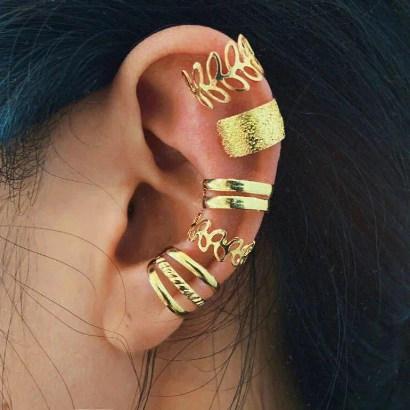 5pcs;Silver Color Leaves Clip Earrings for Women Men Creative Simple C Ear Cuff Non-Piercing Ear Ear Clip Set Trend Jewelry Gift