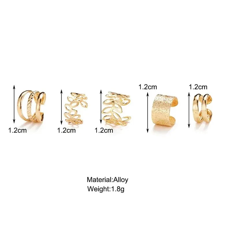 5pcs;Silver Color Leaves Clip Earrings for Women Men Creative Simple C Ear Cuff Non-Piercing Ear Ear Clip Set Trend Jewelry Gift