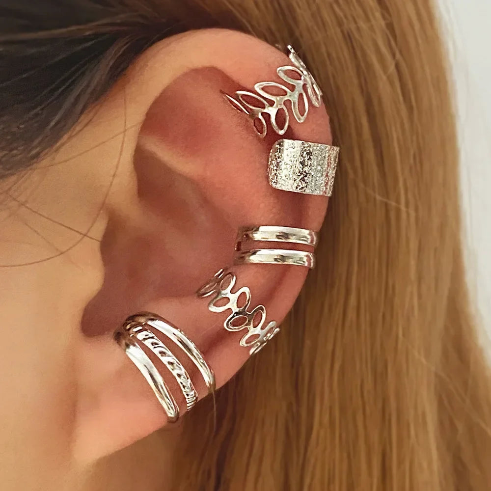5pcs;Silver Color Leaves Clip Earrings for Women Men Creative Simple C Ear Cuff Non-Piercing Ear Ear Clip Set Trend Jewelry Gift